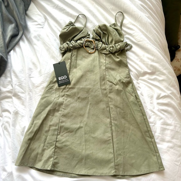 NWT Ego Strappy Ruched Bust Textured Ring Detail Mini Bodycon - Pale Khaki Green - Picture 2 of 2